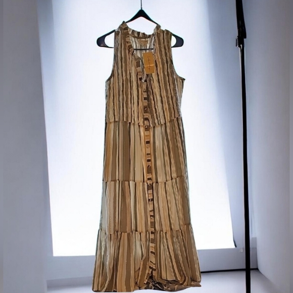 Kind Anderson Dresses & Skirts - Green, Silver, White, and Peach Striped Button Down Rufflr Sleeveless Maxi Dress